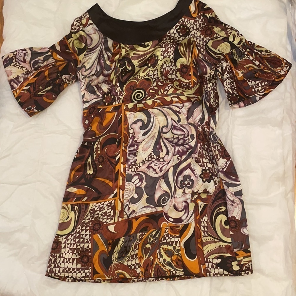 Vintage Y2K SINGLE Dress 100% Silk Satin Abstract Mixed Print Mini Dress size L